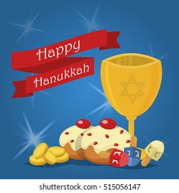 Hanukkah Typography Vector Design - Happy Hanukkah. Jewish holiday. Hanukkah Menorah on blue background. Happy Hanukkah greeting card design vector illustration. Tradition religion jewish holiday.