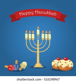 Hanukkah Typography Vector Design - Happy Hanukkah. Jewish holiday. Hanukkah Menorah on blue background. Happy Hanukkah greeting card design vector illustration. Tradition religion jewish holiday.