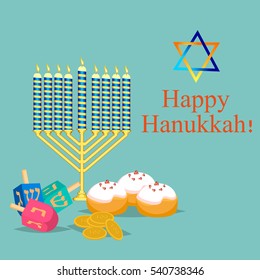 Hanukkah Typography Vector Design - Happy Hanukkah. Jewish holiday. Hanukkah Menorah on blue background. Greeting card design vector illustration. Tradition religion jewish holiday.