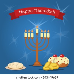 Hanukkah Typography Vector Design. Jewish holiday. Hanukkah Menorah on blue background. Happy Hanukkah greeting card design vector illustration. Tradition religion jewish holiday.