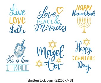 Hanukkah vector background, set of holiday hand lettering , Menorah, Dreidel, Star Of David, drawn illustrations of Jewish symbols