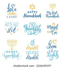 Hanukkah vector background, set of holiday hand lettering , Menorah, Dreidel, Star Of David, drawn illustrations of Jewish symbols