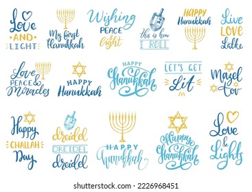 Hanukkah vector background, set of holiday hand lettering , Menorah, Dreidel, Star Of David, drawn illustrations of Jewish symbols