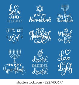 Hanukkah vector background, set of holiday hand lettering , Menorah, Dreidel, Star Of David, drawn illustrations of Jewish symbols