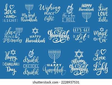 Hanukkah vector background, set of holiday hand lettering , Menorah, Dreidel, Star Of David, drawn illustrations of Jewish symbols