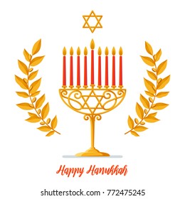 Hanukkah Vector card - Happy Hanukkah greeting inscription. Jewish holiday. Hanukkah gold Menorah with red candles, star of David and gold branches on white Background. Vector illustration