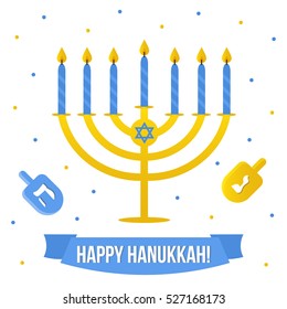 Hanukkah vector card with menorah and dreidel on white background. Jewish traditional holiday.
