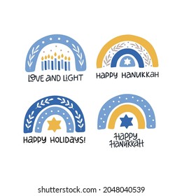 Hanukkah vector celebration typography. Jewish holiday greeting card. Happy Hanukkah quote. Chanukah wishes isolated on white. Hand drawn Hanuka festive rainbow illustration.