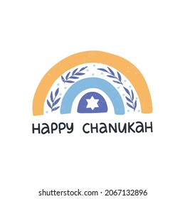 Hanukkah vector celebration typography. Jewish holiday greeting card. Happy Hanukkah quote. Chanukah wishes isolated on white. Hand-drawn Hanuka festive rainbow, star David illustration.