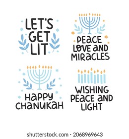 Hanukkah vector celebration typography lettering set. Traditional Jewish holiday Hanuka phrases collection. Peace Love and Miracles quote with menorah. Chanukah wishes isolated on white.