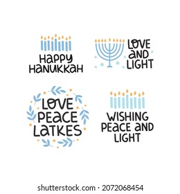 Hanukkah vector celebration typography lettering set. Traditional Jewish holiday Hanuka phrases collection. Love and Light quote with menorah. Chanukah wishes isolated on white.