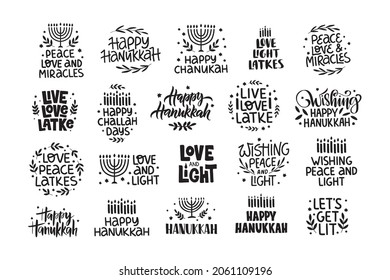 Hanukkah vector celebration typography set. Traditional Jewish holiday phrases collection. Love, light, latkes quote. Chanukah wishes isolated on white. Handwritten Hanuka festive black lettering