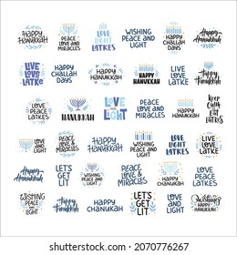 Conjunto de tipografía de celebración vectorial Hanukkah. Colección tradicional de frases de feriado judío. Amor, luz, citas de latkes. Chanukah desea que se le aísle en blanco. Grabación manuscrita de Hanuka