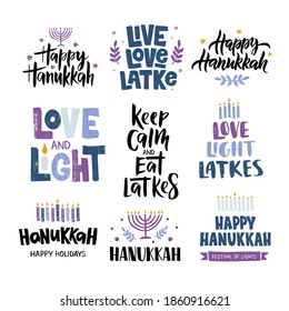 Tipografía de celebración vectorial Hanukkah. Colección tradicional de frases de vacaciones judías. Amor, luz, citas de latkes. Chanukah desea que se le aísle en blanco. Grabación manuscrita de Hanukkah festix