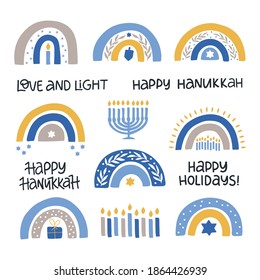 Hanukkah vector celebration typography. Traditional Jewish holiday. Chanukah wishes isolated on white. Handwritten Hanuka festive rainbow, candle, dreidel, menorah