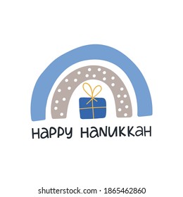 Hanukkah vector celebration typography. Traditional Jewish holiday. Happy Hanukkah quote. Chanukah wishes isolated on white. Hand drawn Hanuka festive rainbow illustration.