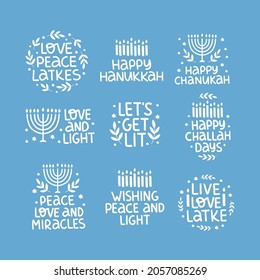 Hanukkah vector celebration typography. Traditional jewish holiday phrases collection. Love, light, latkes quote. Chanukah wishes isolated on blue. Handwritten Hanuka festive lettering