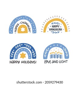 Hanukkah vector celebration typography. Traditional jewish holiday collection. Love and light sayings. Chanukah wishes isolated on white. Festive rainbow, candle, star David.