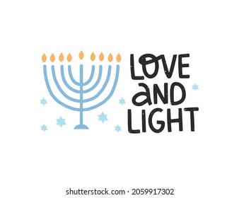 Hanukkah vector celebration typography. Traditional Jewish holiday. Love and Light quote with menorah. Chanukah wishes isolated on white. Handwritten Hanuka festive rainbow illustration.