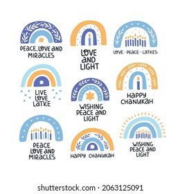 Hanukkah vector celebration typography. Traditional Jewish holiday collection. Love, light, latkes quote. Chanukah wishes isolated on white. Festive rainbow, candle, star David.