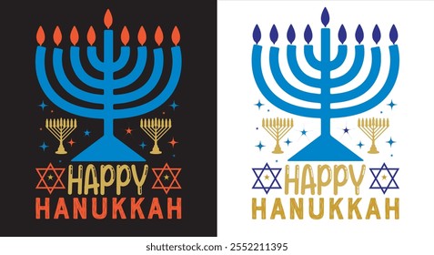 Uma descrição do vetor de Chanucá poderia incluir elementos vibrantes representando o feriado de Chanucá. Eis uma ideia detalhada:

"Ilustração festiva do vetor Hanukkah apresentando uma menorá brilhante com nove