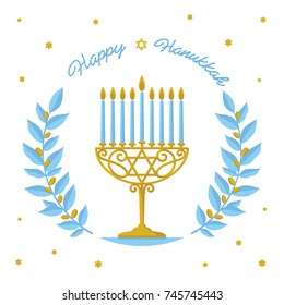 Hanukkah Vector Design - Happy Hanukkah greeting. Jewish holiday. Hanukkah gold Menorah and blue olive branches on white Background. Vector illustration