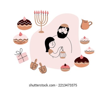 Hanukkah vector doodle set wooden spinning top, Hebrew letters, donuts, menorah candles, oil jar,israel happy greeting hanukkah cards elements.Religious party decor.