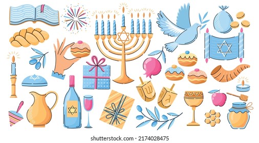 Hanukkah vector elements set. Hand drawn collection