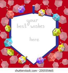 Hanukkah vector frame. Illustration of dreidels and place for text. Vector flat illustration for Hanukkah, Jewish holiday. Chanukah border design. Symbol of Hanuka. Eps 10. On blue background.