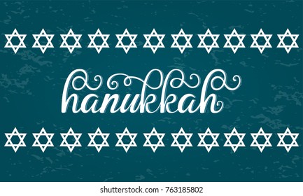Hanukkah vector lettering with menorah. Vector illustration for postcard. Hanukkah typography greeting card on blue background. Hanukkah Jewish Holiday card.