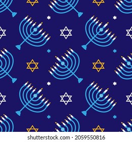 Hanukkah vector seamless pattern background with david stars and menorah with nine lighting candles.
