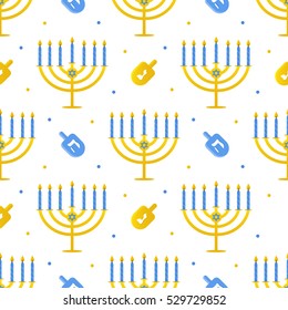 Hanukkah vector seamless pattern background with menorah and dreidel. Jewish traditional holiday.