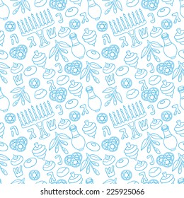 Hanukkah Vector Seamless Pattern with Menorah, Sufganiot, Olives and Dreidel - Seamless pattern can be applied on different surfaces such as wallpaper, web page background, fabrics, plastic cases