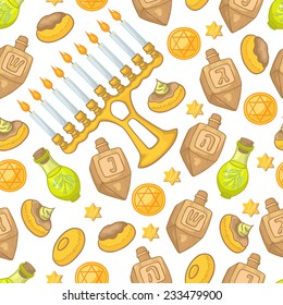 Hanukkah Vector Seamless Pattern with Menorah, Sufganiot, Olives and Dreidel - Seamless pattern can be applied on different surfaces such as wallpaper, web page background, fabrics, plastic cases