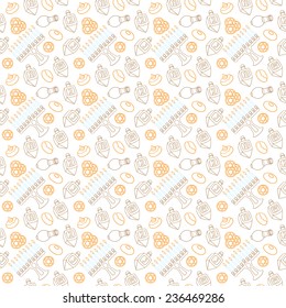 Hanukkah Vector Seamless Pattern with Menorah, Sufganiot, Olives and Dreidel - Seamless pattern can be applied on different surfaces such as wallpaper, web page background, fabrics, plastic cases