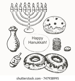 Hanukkah vector symbols. Hand drawn attributes of Jewish holiday on light background for your design, cards, banners. 