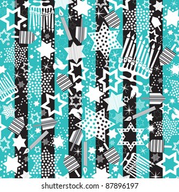 Hanukkah Wallpaper with menorahs, dreidels and star of David on a striped background