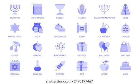 Hanukkah web icons set in duotone flat design. Pack pictograms with menorah, torah book, goblet, hamesh, gift, magen david, gelt, sufganiyot, oil pitcher, candle, olives, other. Vector illustration.