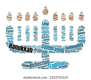 Hanukkah Word Cloud. Composition of Words Related to Jewish Festival, Tradition, and Family Celebrations. Isolated White Background.