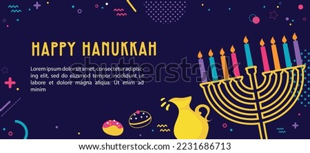 Hanukkah yellow template with Torah, menorah and dreidels. Greeting card. Translation Happy Hanukkah. Vector illustration. Stock fotó © 