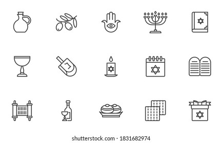 Hanukkah,Jewish holiday line icons set. linear style symbols collection, outline signs pack. vector graphics. Set includes icons as hanukkah dessert doughnut, menorah, dreidel,torah, David star svg