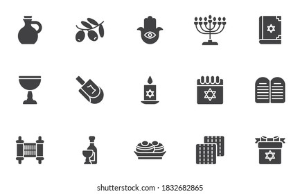 Hanukkah,Jewish holiday vector icons set, modern solid symbol collection, filled style pictogram pack. Signs, logo illustration. Set includes icons as hanukkah dessert doughnut, menorah, dreidel,torah