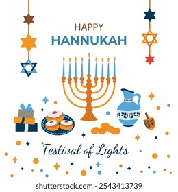 Hanukkah.Traditional festival judío de la luz.Fondo para el Anuncio, cartel, Diseño web. Ilustración vectorial en un blanco