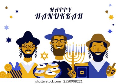 Hanukkah.Traditional festival judío de luz. Ilustración vectorial con hombres judíos y objetos de Hanukkah sobre fondo blanco. Anuncio, cartel, Diseño web, tarjeta de felicitación.