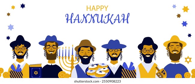 Hanukkah.Traditional festival judío de luz. Ilustración vectorial con hombres judíos y objetos de Hanukkah sobre fondo blanco. Anuncio, cartel, Diseño web, tarjeta de felicitación.