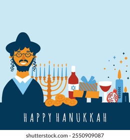 Hanukkah.Traditional festival judío de luz. Ilustración vectorial con hombres judíos y objetos de Hanukkah sobre fondo azul.  Anuncio, cartel, Diseño web, tarjeta de felicitación.