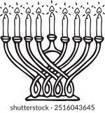 Hanukkiah with Candles (Hanukkah Menorah) Black and White Hand-Drawn Vector Illustration, EPS Format, High-Quality