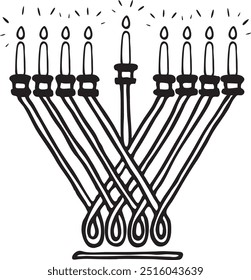 Chanucá com velas (Chanucá Menorá) Ilustração de vetor desenhada à mão preto e branco, Formato EPS, de alta qualidade