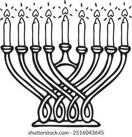 Hanukkiah with Candles (Hanukkah Menorah) Black and White Hand-Drawn Vector Illustration, EPS Format, High-Quality