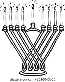 Chanucá com velas (Chanucá Menorá) Ilustração de vetor desenhada à mão preto e branco, Formato EPS, de alta qualidade